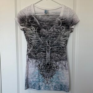 Women's Short Sleeve Graphic Tee with Cross Design - Black, White, and Blue